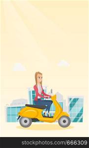 Young caucasian woman riding a scooter outdoor. Smiling business woman traveling on a scooter in the city. Happy woman enjoying her trip on a scooter. Vector cartoon illustration. Vertical layout.. Young caucasian woman riding a scooter.