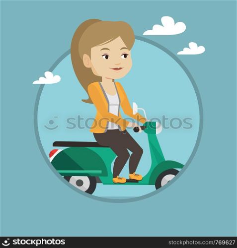 Young caucasian woman riding a scooter outdoor. Smiling woman traveling on a scooter. Happy woman enjoying her trip on a scooter. Vector flat design illustration in the circle isolated on background.. Woman riding scooter vector illustration.