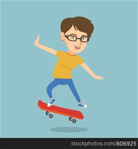 Young caucasian woman riding a skateboard. Happy woman skateboarding. Cheerful woman jumping with a skateboard. Sport and healthy lifestyle concept. Vector cartoon illustration. Square layout.. Young caucasian woman riding skateboard.