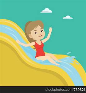 Young caucasian woman riding down a water slide at the aquapark. Happy woman having fun on a water slide in waterpark. Girl going down a water slide. Vector flat design illustration. Square layout.. Woman riding down waterslide vector illustration.