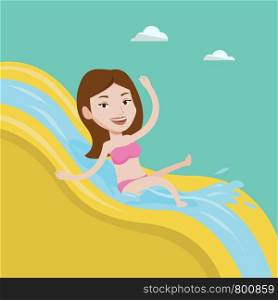 Young caucasian woman riding down a waterslide at the aquapark. Happy woman having fun on a water slide in waterpark. Girl going down a water slide. Vector flat design illustration. Square layout.. Woman riding down waterslide vector illustration.