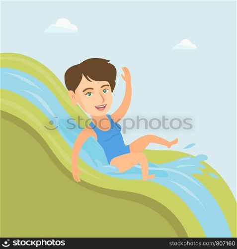 Young caucasian woman riding down a waterslide in aquapark. Happy woman having fun on a water slide in waterpark. Cheerful woman going down a water slide. Vector cartoon illustration. Square layout.. Young caucasian woman riding down a waterslide.