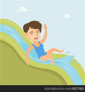 Young caucasian woman riding down a waterslide in aquapark. Happy woman having fun on a water slide in waterpark. Cheerful woman going down a water slide. Vector cartoon illustration. Square layout.. Young caucasian woman riding down a waterslide.