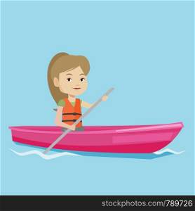 Young caucasian woman riding in a kayak in the river. Woman with skull in hands traveling by kayak. Female kayaker paddling. Woman paddling a canoe. Vector flat design illustration. Square layout.. Woman riding in kayak vector illustration.