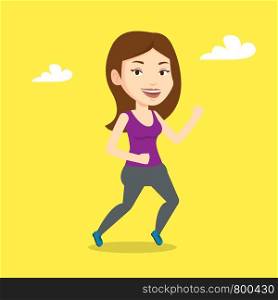 Young caucasian woman running. Happy female runner jogging. Full length of a smiling female athlete running. Sportswoman in sportswear running. Vector flat design illustration. Square layout.. Young woman running vector illustration.
