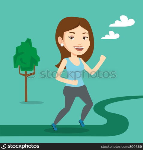 Young caucasian woman running. Happy female sporty runner running outdoors. Smiling sportswoman running in the park. Vector flat design illustration. Square layout.. Young woman running vector illustration.