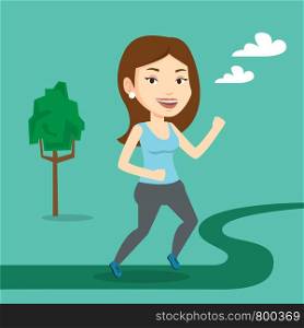 Young caucasian woman running. Happy female sporty runner running outdoors. Smiling sportswoman running in the park. Vector flat design illustration. Square layout.. Young woman running vector illustration.