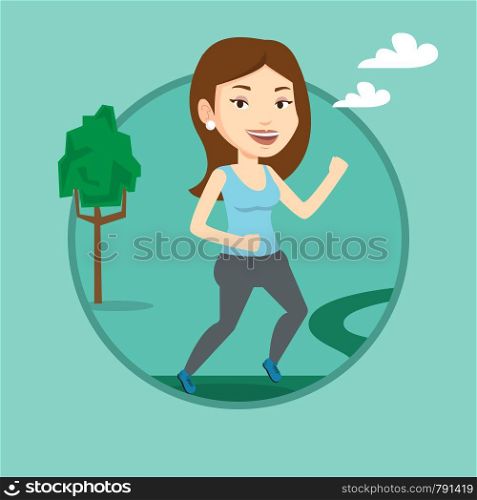 Young caucasian woman running. Happy sportswoman running outdoors. Smiling sportswoman running in the park. Girl jogging outdoor. Vector flat design illustration in the circle isolated on background.. Young woman running vector illustration.