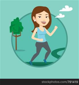 Young caucasian woman running. Happy sportswoman running outdoors. Smiling sportswoman running in the park. Girl jogging outdoor. Vector flat design illustration in the circle isolated on background.. Young woman running vector illustration.