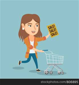 Young caucasian woman running on big sale. Woman holding a paper sheet with sale text. Woman with shopping trolley running in a hurry to the store on sale. Vector cartoon illustration. Square layout.. Woman running in a hurry to the store on sale.