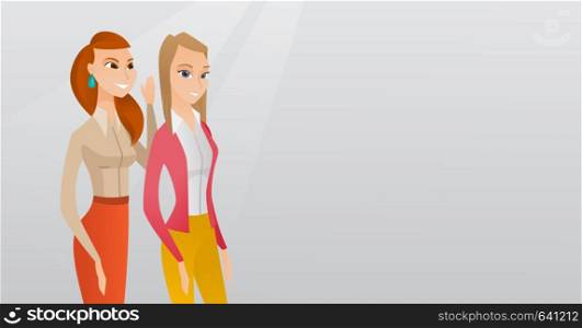 Young caucasian woman shielding her mouth and whispering a gossip to her friend. Two happy women sharing gossips. Smiling friends discussing gossips. Vector flat design illustration. Horizontal layout. One woman whispering to another secret.