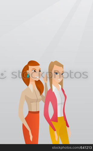 Young caucasian woman shielding her mouth and whispering a gossip to her friend. Two happy women sharing gossips. Smiling friends discussing gossips. Vector flat design illustration. Vertical layout.. One woman whispering to another secret.