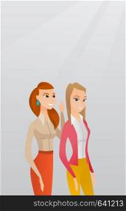 Young caucasian woman shielding her mouth and whispering a gossip to her friend. Two happy women sharing gossips. Smiling friends discussing gossips. Vector flat design illustration. Vertical layout.. One woman whispering to another secret.