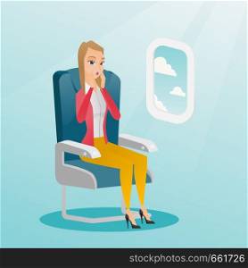 Young caucasian woman shocked by plane flight in the turbulent area. Frightened airplane passenger sitting in airplane seat and suffering from aerophobia. Vector cartoon illustration. Square layout.. Young caucasian woman suffering from aerophobia.