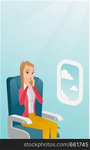 Young caucasian woman shocked by plane flight in the turbulent area. Frightened airplane passenger sitting in airplane seat and suffering from aerophobia. Vector cartoon illustration. Vertical layout.. Young caucasian woman suffering from aerophobia.