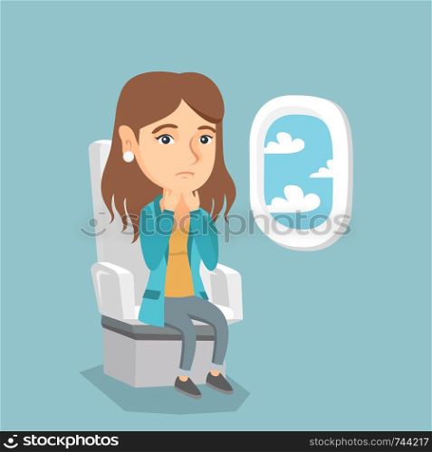 Young caucasian woman shocked by plane flight in the turbulent area. Frightened airplane passenger sitting in airplane seat and suffering from aerophobia. Vector cartoon illustration. Square layout.. Young caucasian woman suffering from aerophobia.