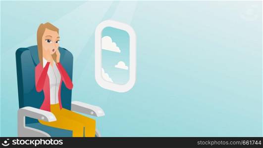 Young caucasian woman shocked by plane flight in turbulent area. Frightened airplane passenger sitting in airplane seat and suffering from aerophobia. Vector cartoon illustration. Horizontal layout.. Young caucasian woman suffering from aerophobia.
