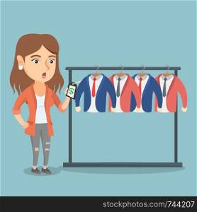 Young caucasian woman shocked by price tag in clothing store. Surprised woman looking at the price tag in clothing store. Amazed woman staring at price tag. Vector cartoon illustration. Square layout.. Woman shocked by a price tag in a clothing store.