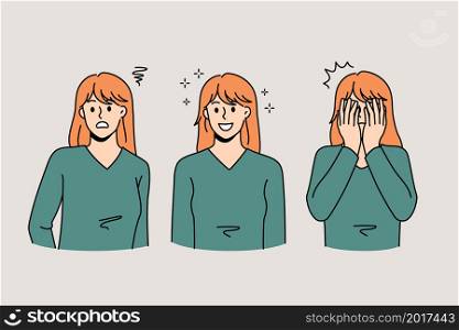 Young Caucasian woman show different emotions, frustration, happiness and fear. Millennial girl demonstrate various face expressions, feel emotional. Vector illustration, cartoon character.. Caucasian woman show different face emotions