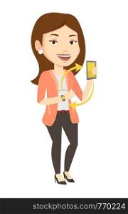 Young caucasian woman showing her smartphone and smart watch. Concept of synchronization between smart watch and smartphone. Vector flat design illustration isolated on white background.. Synchronization between smartwatch and smartphone.