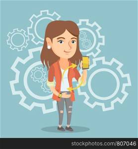 Young caucasian woman showing her smartphone and smart watch on the background of cogwheels. Concept of synchronization between smartwatch and smartphone. Vector cartoon illustration. Square layout.. Synchronization between smartwatch and smartphone.
