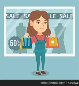 Young caucasian woman showing shopping bags in front of shop window with sale sign. Woman standing on the background of shop window with text sale. Vector cartoon illustration. Square layout.. Young caucasian woman shopping on sale.