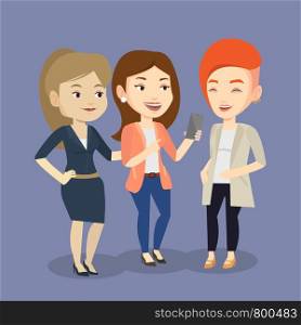 Young caucasian woman showing something to her friends on her smartphone. Three happy female friends looking at smartphone and laughing. Vector flat design illustration. Square layout.. Three smiling friends looking at mobile phone.