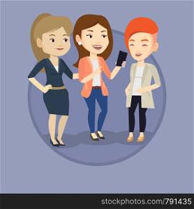 Young caucasian woman showing something to her friends on smartphone. Three female friends looking at smartphone and laughing. Vector flat design illustration in the circle isolated on background.. Three smiling friends looking at mobile phone.