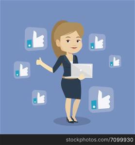 Young caucasian woman showing thumb up and like social network buttons around her. Happy woman with laptop and like social network buttons with thumb up. Vector flat design illustration. Square layout. Woman with like social network buttons.