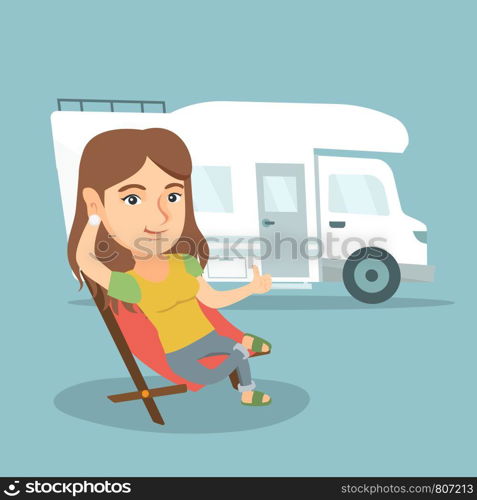 Young caucasian woman sitting in a folding chair and giving thumb up on the background of camper van. Smiling happy woman enjoying vacation in a camper van. Vector cartoon illustration. Square layout.. Woman sitting in a chair in front of camper van.