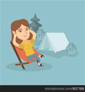 Young caucasian woman sitting in a folding chair on the background of camping with a tent. Satisfied woman relaxing and enjoying her vacation in the camping. Vector cartoon illustration. Square layout. Woman sitting in a folding chair in the camping.