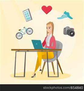 Young caucasian woman sitting in front of laptop and images of goods flying around her. Happy woman doing online shopping. Woman buying purchases online. Vector flat design illustration. Square layout. Young caucasian woman shopping online.