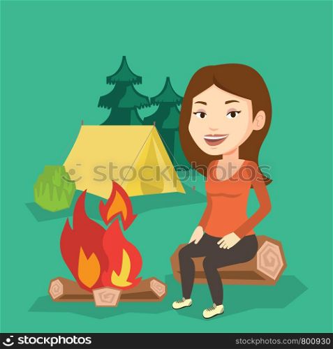 Young caucasian woman sitting near a campfire at a campsite. Travelling woman sitting on a log near a campfire. Smiling tourist relaxing near campfire. Vector flat design illustration. Square layout.. Woman sitting on log near campfire in the camping.