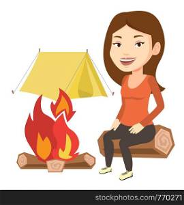 Young caucasian woman sitting near campfire at campsite. Travelling woman sitting on a log near campfire. Woman relaxing near campfire. Vector flat design illustration isolated on white background.. Woman sitting on log near campfire in the camping.