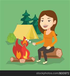 Young caucasian woman sitting near campfire. Woman roasting marshmallow over campfire. Tourist relaxing near campfire on the background of camping site. Vector flat design illustration. Square layout.. Woman roasting marshmallow over campfire.