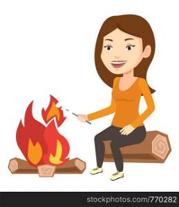 Young caucasian woman sitting near campfire. Woman roasting marshmallow over campfire. Tourist relaxing near campfire. Vector flat design illustration isolated on white background.. Woman roasting marshmallow over campfire.