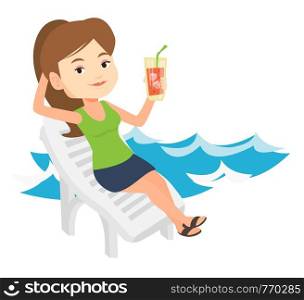 Young caucasian woman sitting on a beach chair. Woman drinking a cocktail on a beach chair. Woman sitting on a beach chair with cocktail. Vector flat design illustration isolated on white background.. Woman relaxing on beach chair vector illustration.