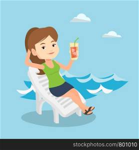 Young caucasian woman sitting on a beach chair. Happy smiling woman drinking a cocktail on a beach chair. Joyful woman on a beach chair with cocktail. Vector flat design illustration. Square layout.. Woman relaxing on beach chair vector illustration.