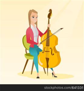 Young caucasian woman sitting on a chair and playing the cello. Cellist playing classical music on the cello. Young woman with the cello and bow. Vector flat design illustration. Square layout.. Woman playing the cello vector illustration.