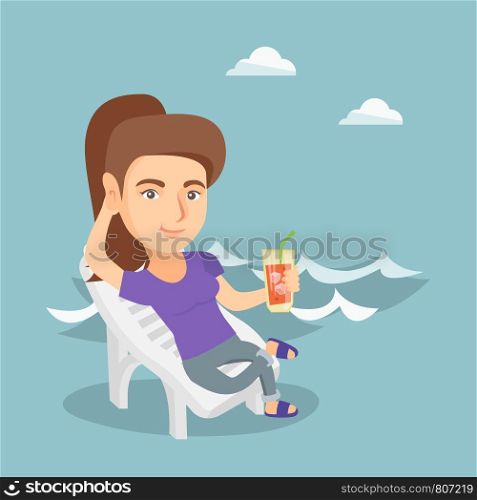 Young caucasian woman sitting on a chaise-longue on the beach. Happy smiling woman relaxing on a chaise-longue and drinking a cocktail on the beach. Vector cartoon illustration. Square layout.. Caucasian woman relaxing on a chaise-longue.