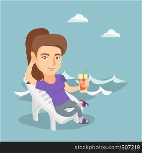 Young caucasian woman sitting on a chaise-longue on the beach. Happy smiling woman relaxing on a chaise-longue and drinking a cocktail on the beach. Vector cartoon illustration. Square layout.. Caucasian woman relaxing on a chaise-longue.