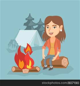 Young caucasian woman sitting on a log near campfire on the background of camping site with tent. Travelling woman sitting near campfire in the campsite. Vector cartoon illustration. Square layout.. Woman sitting on log near campfire in the camping.