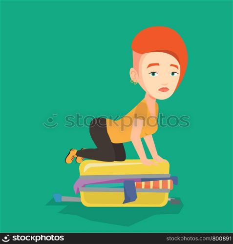 Young caucasian woman sitting on suitcase and trying to close it. Frustrated woman having problems with packing a lot of clothes into a single suitcase. Vector flat design illustration. Square layout.. Young woman trying to close suitcase.