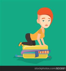 Young caucasian woman sitting on suitcase and trying to close it. Frustrated woman having problems with packing a lot of clothes into a single suitcase. Vector flat design illustration. Square layout.. Young woman trying to close suitcase.