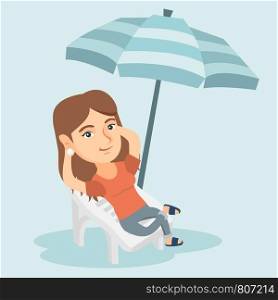 Young caucasian woman sitting on the chaise-longue under beach umbrella. Happy woman resting on the chaise-longue with folded arms behind her head. Vector cartoon illustration. Square layout.. Young caucasian woman relaxing on the beach chair.