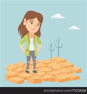 Young caucasian woman standing in the desert. Frustrated woman standing on the cracked earth in the desert. Concept of climate change and global warming. Vector cartoon illustration. Square layout.. Sad woman standing on cracked earth in the desert.