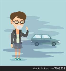 Young caucasian woman standing on the background of car with traffic fumes. Woman wearing mask because of toxic air pollution. Toxic air pollution concept. Vector cartoon illustration. Square layout.. Woman wearing mask because of toxic air pollution.