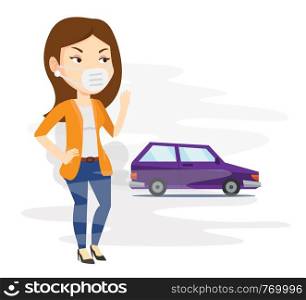 Young caucasian woman standing on the background of car with traffic fumes. Woman wearing mask to reduce the effect of traffic pollution. Vector flat design illustration isolated on white background.. Air pollution from vehicle exhaust.