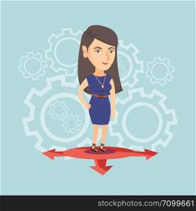 Young caucasian woman standing on three alternative career ways. Smiling woman choosing career way. Concept of career choices. Vector cartoon illustration. Square layout.. Young caucasian woman choosing career way.