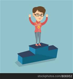 Young caucasian woman standing with a gold medal and raised hands on the winners podium. Ssportswoman celebrating on the winners podium. Winner concept. Vector cartoon illustration. Square layout.. Caucasian sportswoman celebrating on winner podium